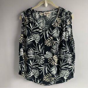'Hesters Orchard' Blouse Top Black White Tropical Leaf Print Summer Casual Large